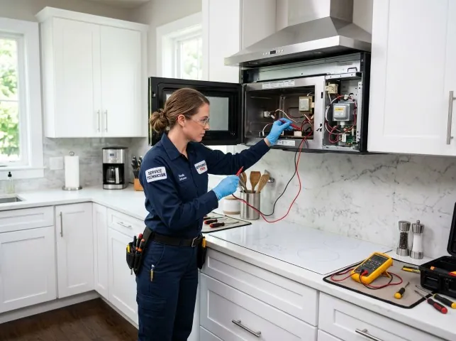 Appliance Repair Hero technician testing an over-the-range microwave in a Bradley Beach, NJ kitchen
